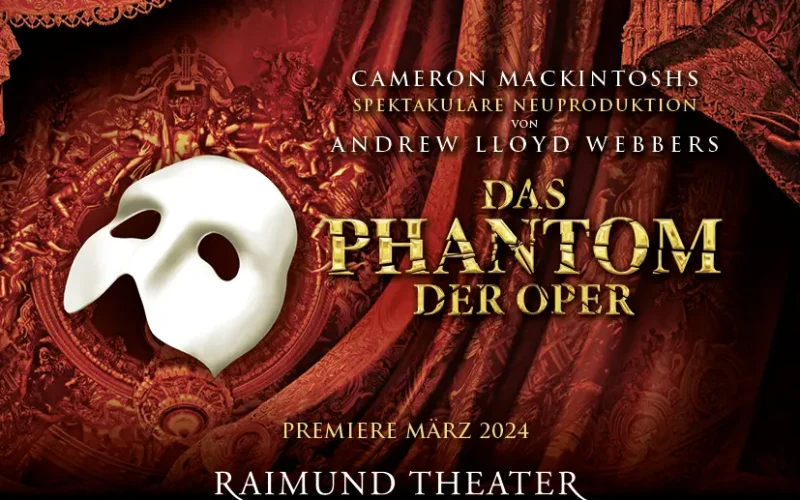 Presseflyer zum Musical Das Phantom der Oper im Raimund Theater, mit rotem Vorhang als Hintergrund und einer weißen Gesichtsmaske im Vordergrund